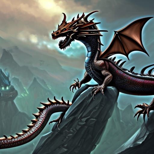 Tamed Dragon with Rider in Dark Fantasy Style