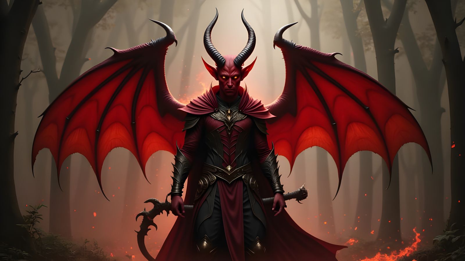 Male Tiefling with Horns, Wings, and Tail in Forest