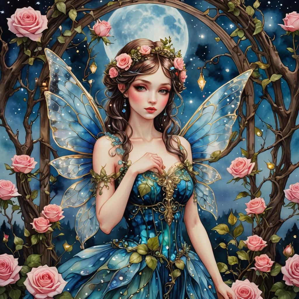Fairy with Crystal Wings Smelling a Rose