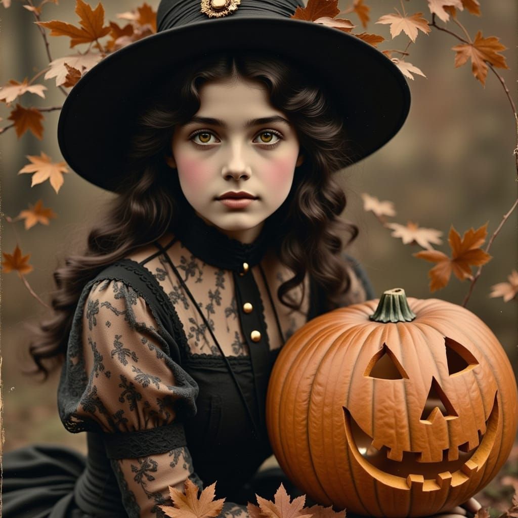 Vintage Halloween Witch in Sepia Photograph Style