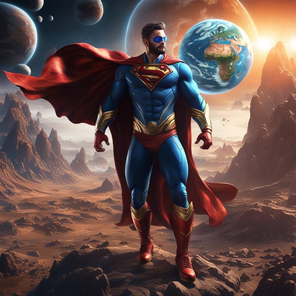 Superhero God Holding Earth in Space