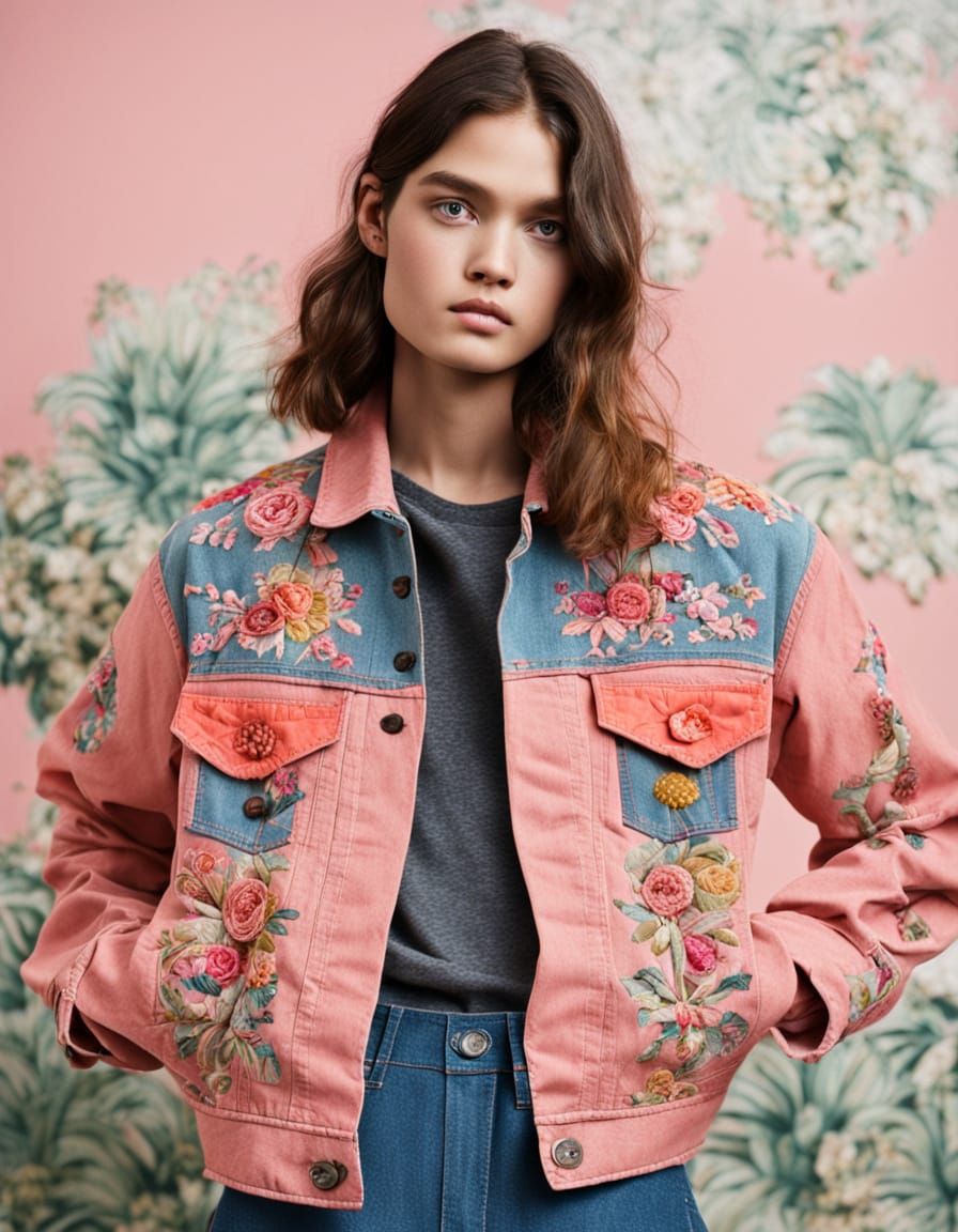 Vintage Embroidered Denim Jacket in Pastel Hues