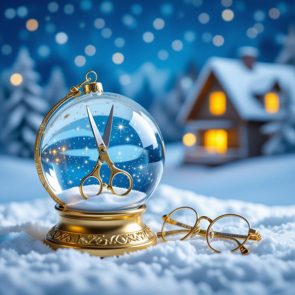 Golden Scissors & Glasses in Magic Ball at North Pole