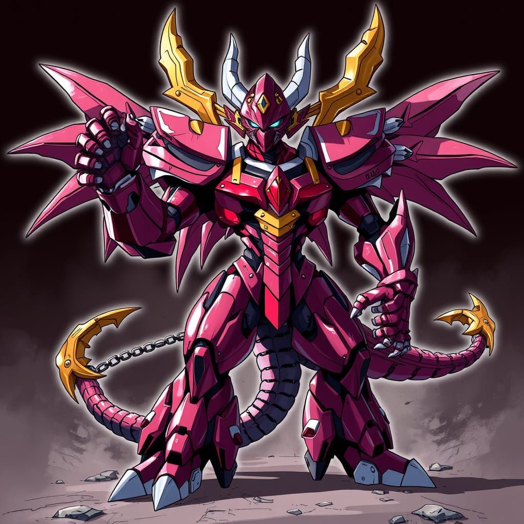 Epic Maroon Metal Demon Digimon in Anime Key Visual Style