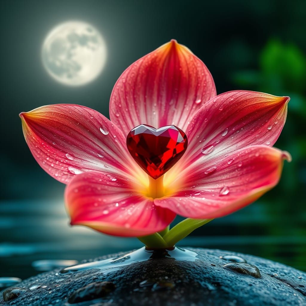 Exotic Flower with Crystal Heart in Moonlight
