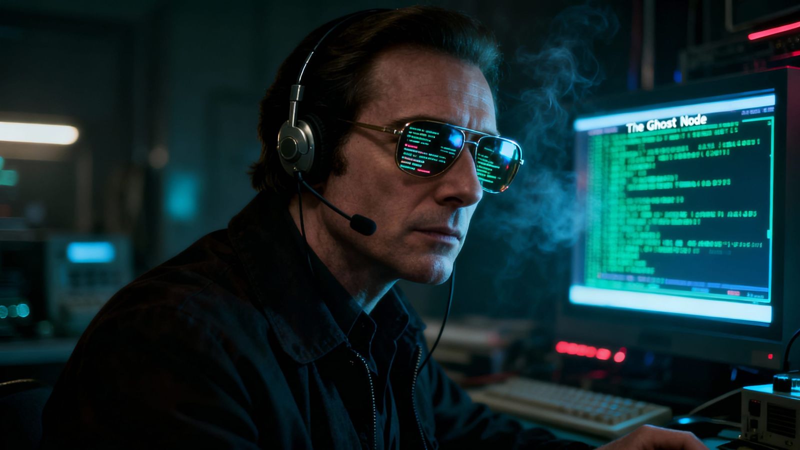 Noir Cyberpunk Agent 'Ghost Node' in Shadowy Tech Lab