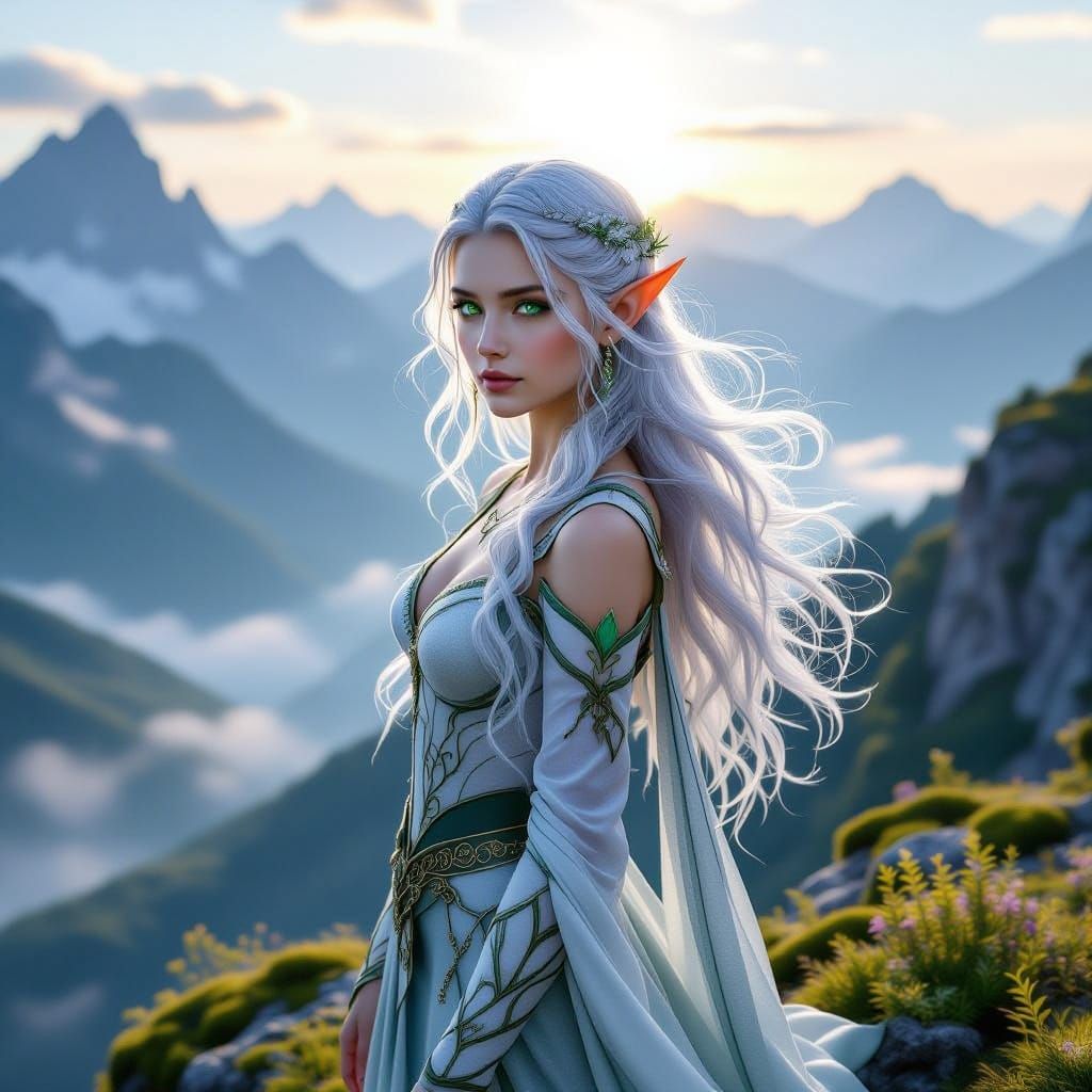 Majestic Elf Maiden at Dawn on Cliff