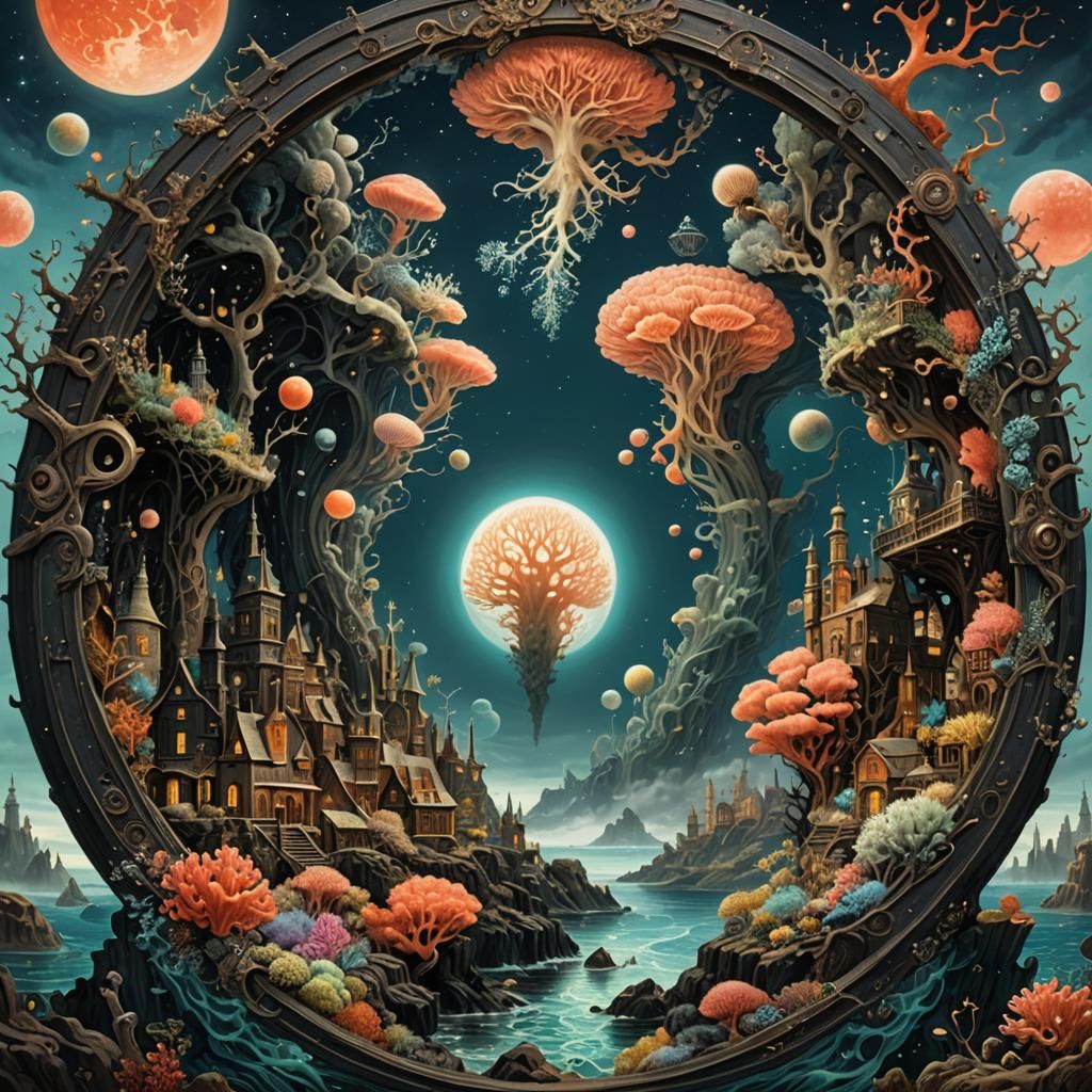 Biopunk Fantasy Portal to Dreamy Cityscape