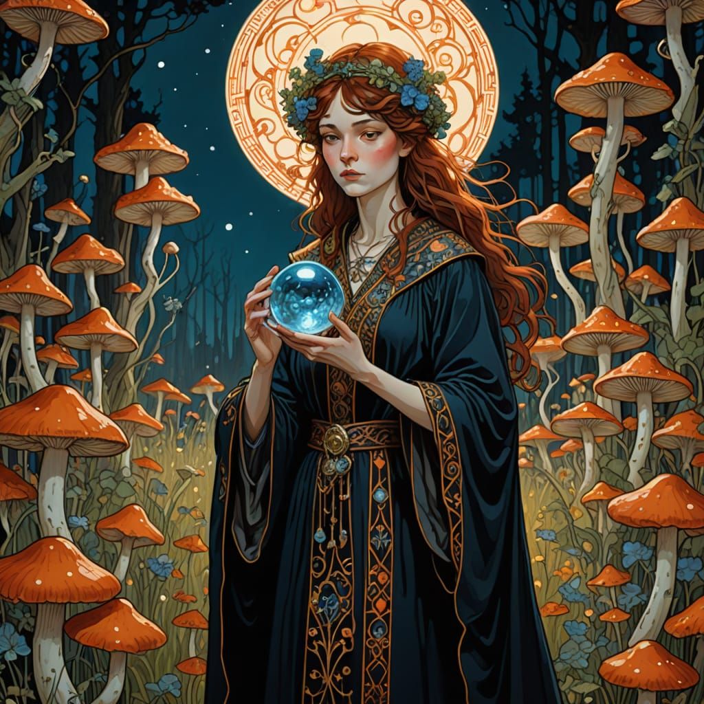 Sorceress in Mushroom Field, Art Nouveau Style