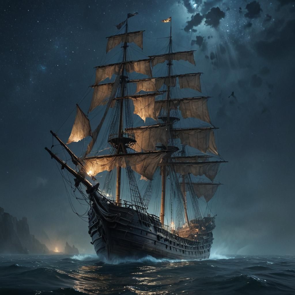 Ghost Ship Sails on Misty Ocean