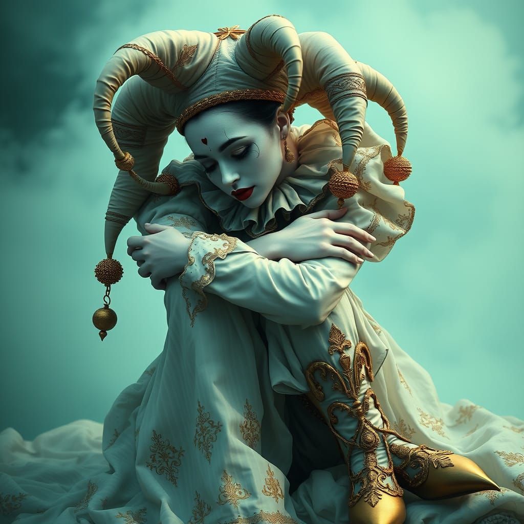 Sorrowful Harlequin in Baroque Jester Attire