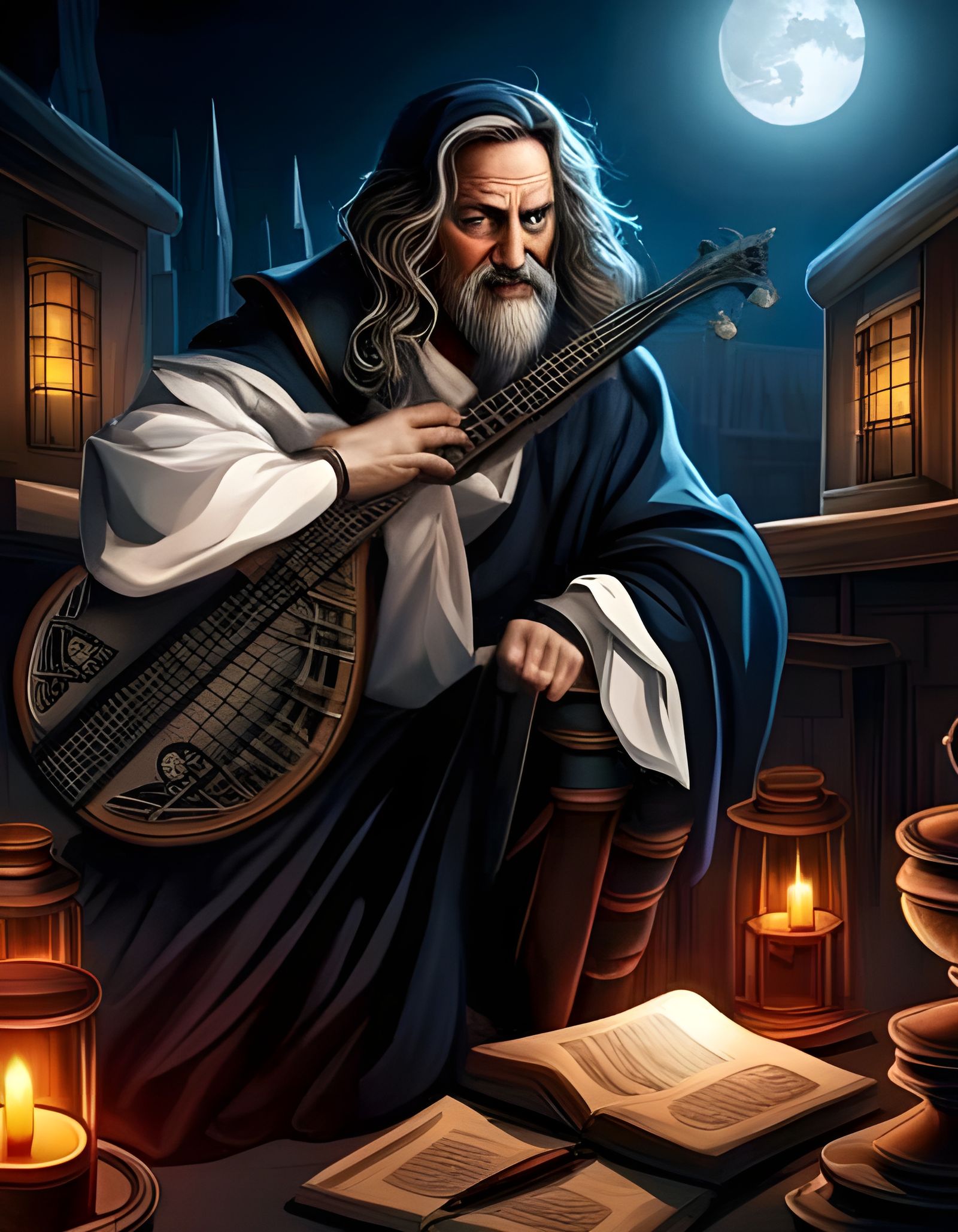 Evil Sorcerer Plays Magical Lute in Dark Tavern