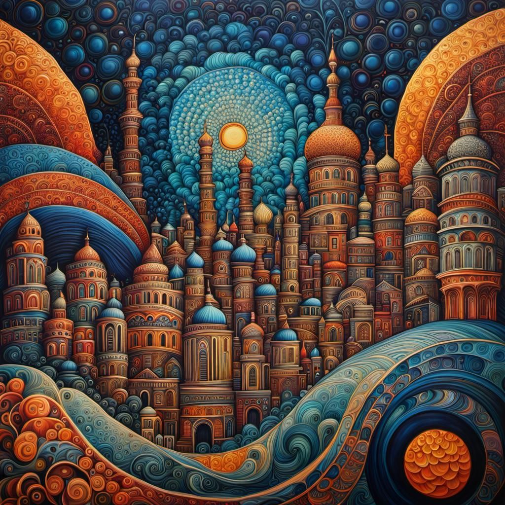 Intricate Encaustic Cityscape in Hypermaximalist Style