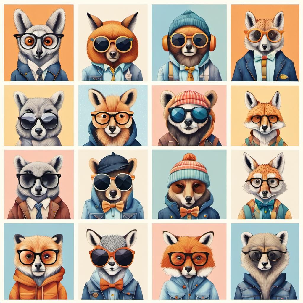Hipster Animals Poster Grid in Detailed Digital Art