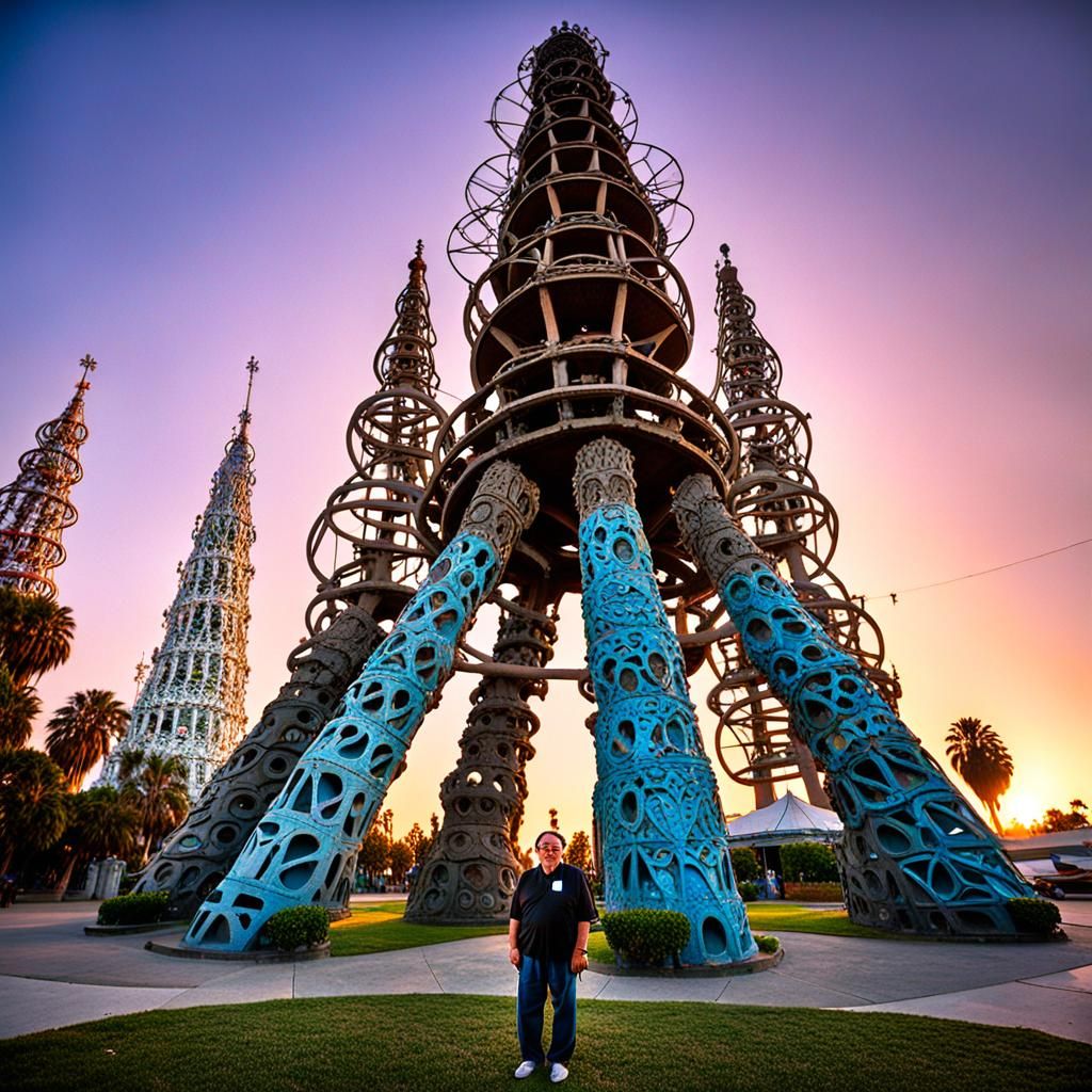 Simon Rodia stands at the base of the Watts Towers Los Angel...
