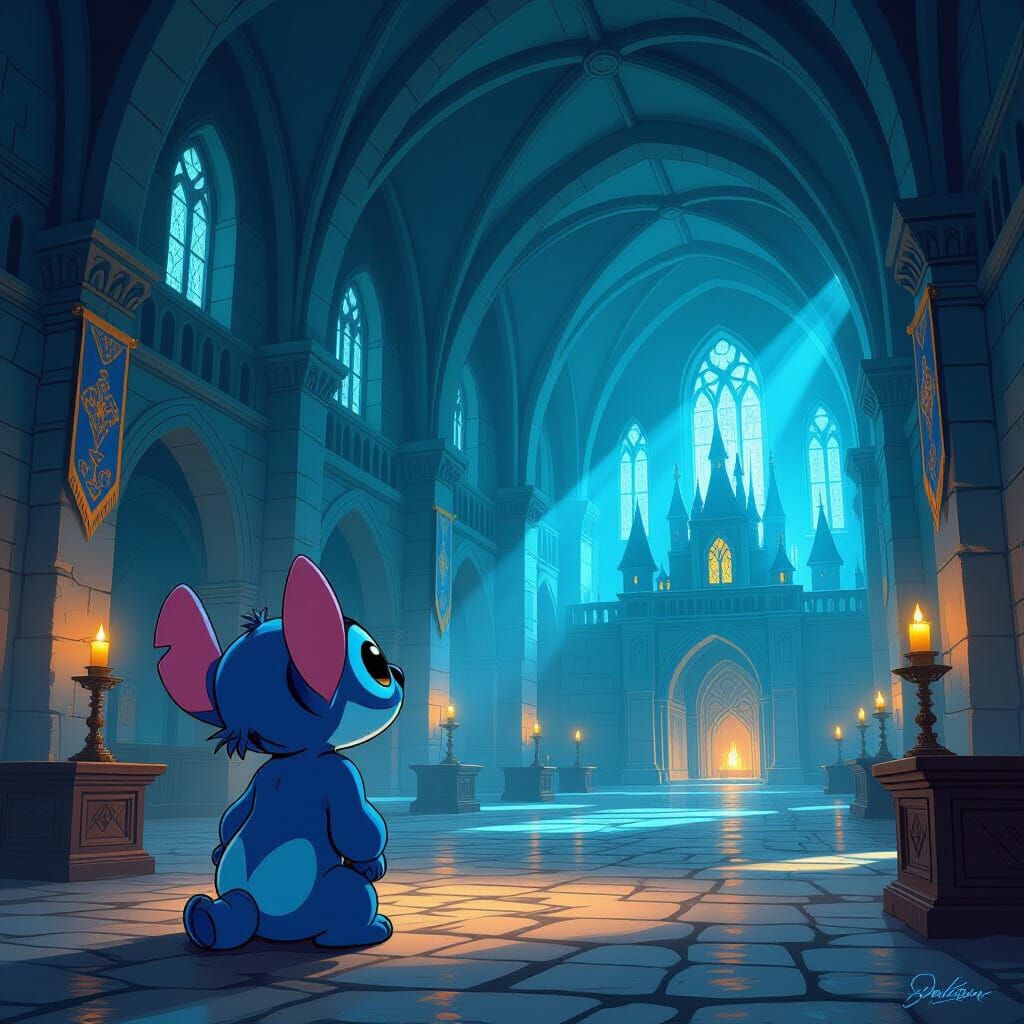 Stitch Explores a Grand Medieval Castle Interior