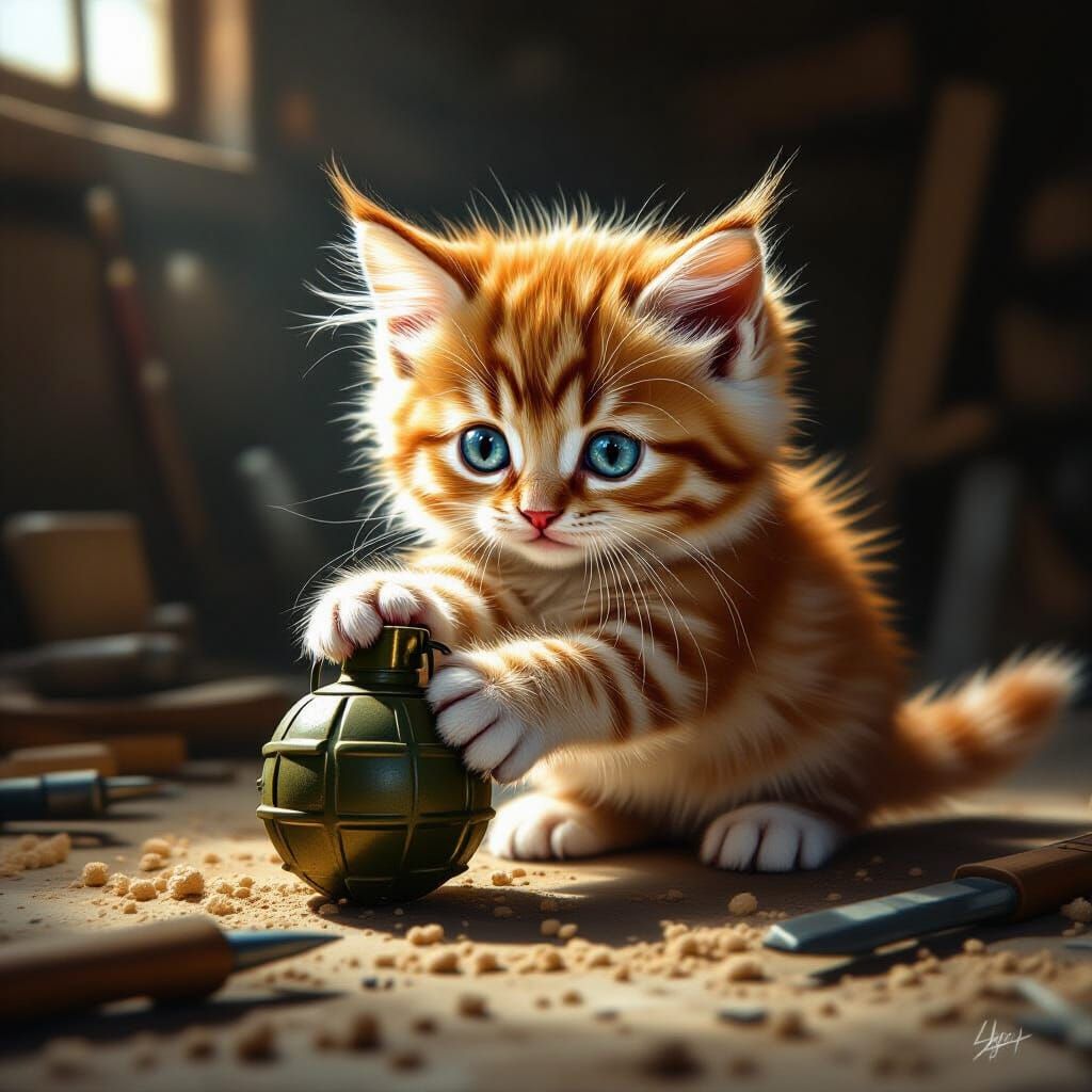 Curious Kitten Nudges Grenade in Workshop