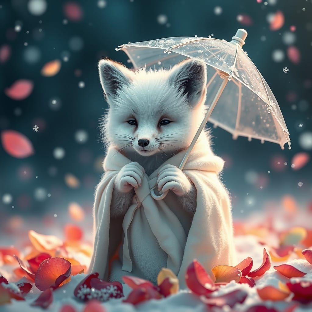 Baby White Fox in Whimsical Rainbow Snowfall Scene