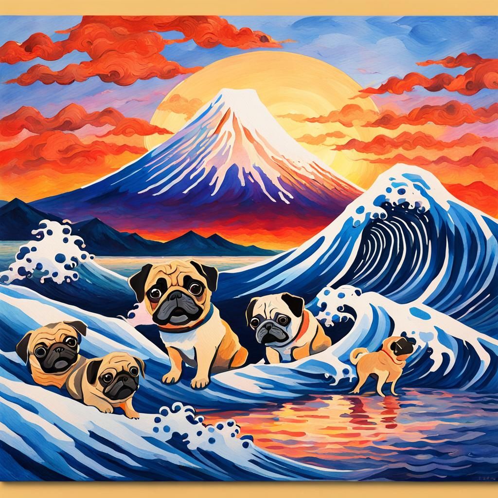 Pugs Replace Waves: Impressionist Gouache Seascape
