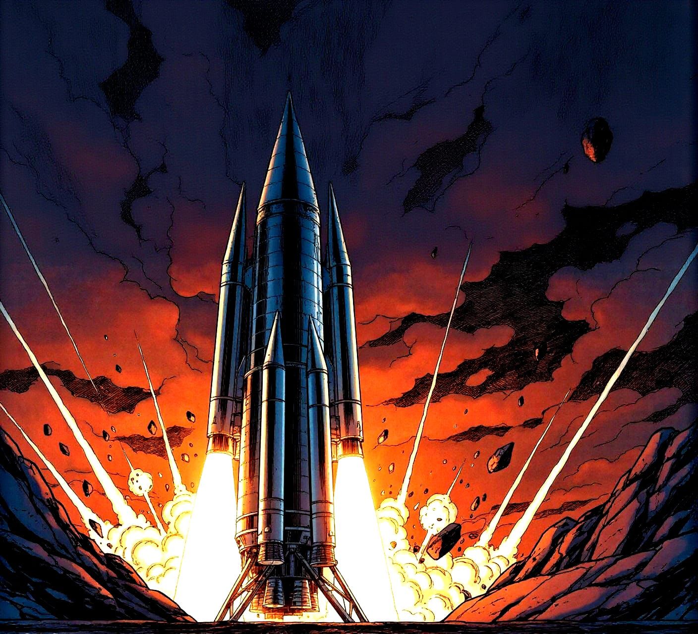 An ICBM launch sequence is depicted in a gritty, comic book ...