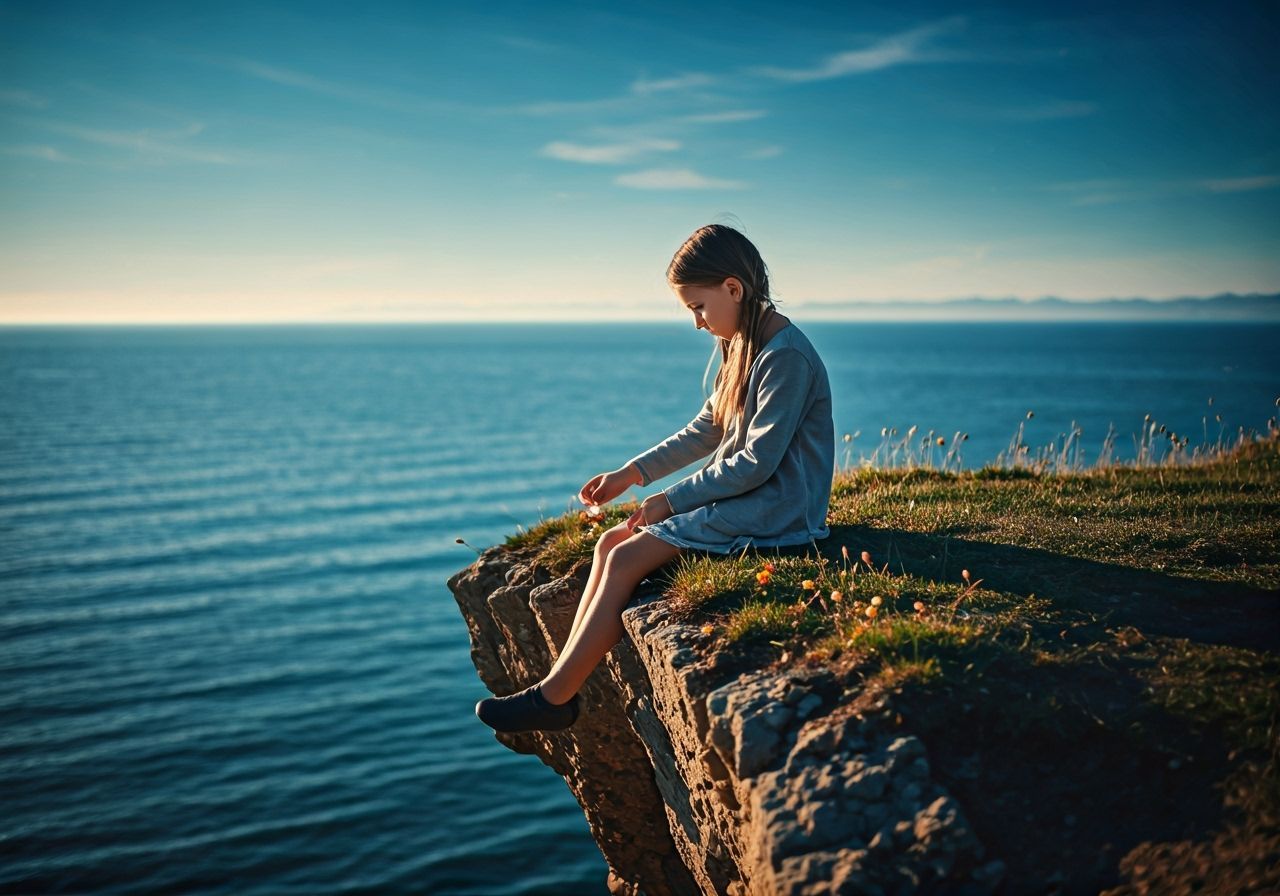 Melancholy Girl on Cliff Edge, Cinematic Film Still