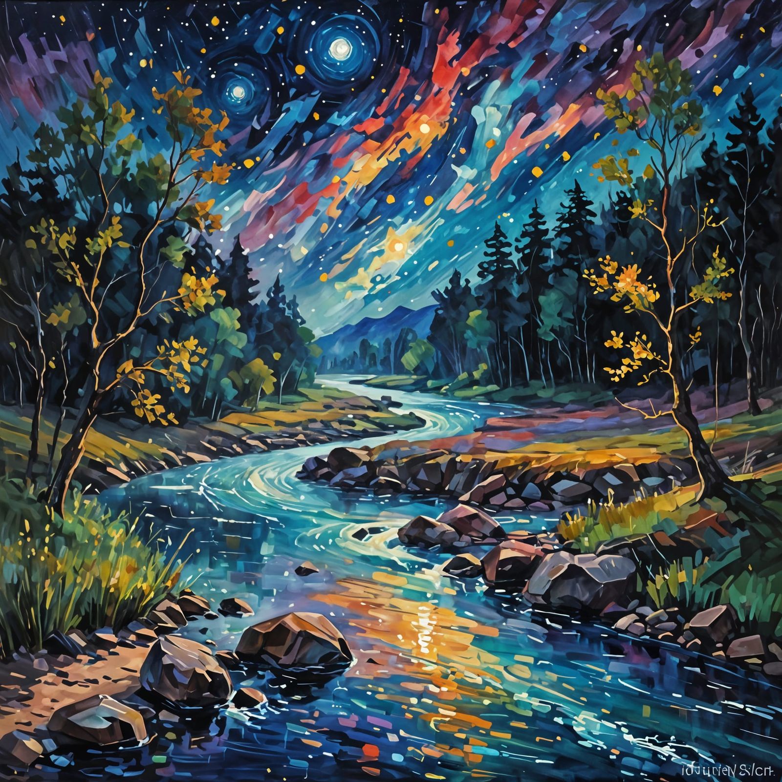 Cosmic River at Night: Impressionistic Style