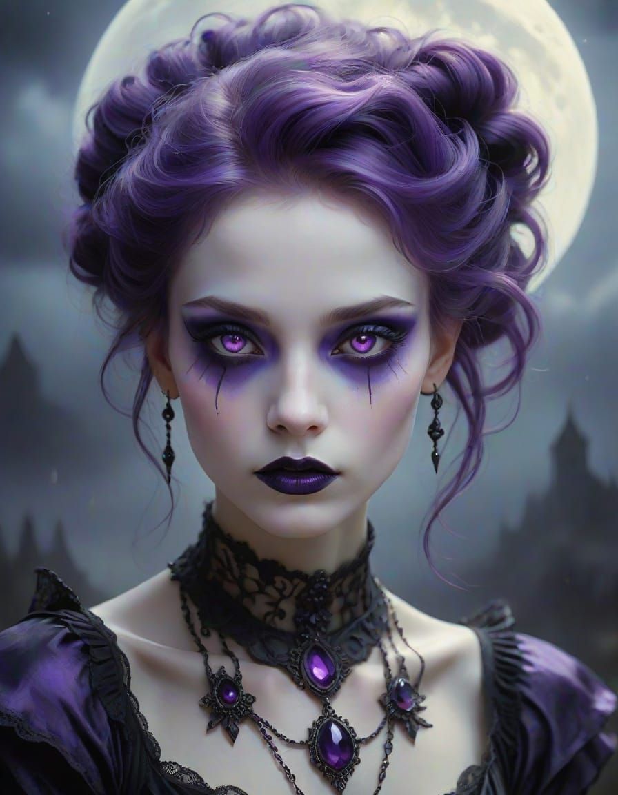 Ethereal Gothic Woman With Purple Hair In Dramatic Oil Paint...