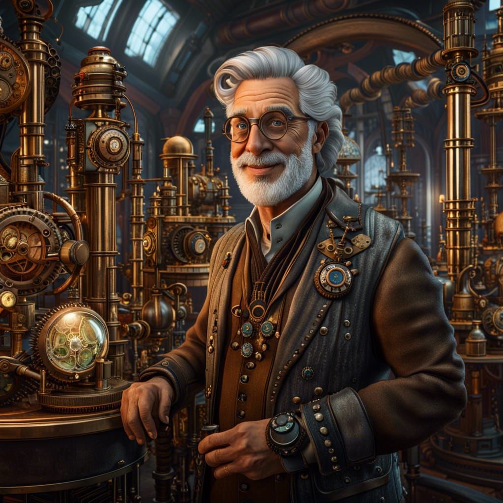 Steampunk Scientist in Detailed Science Lab Portrait