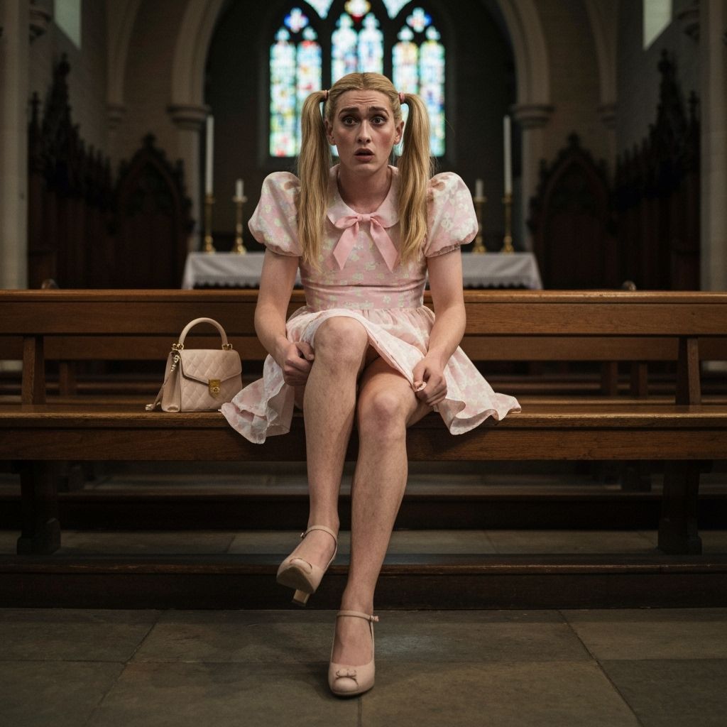 Androgynous Figure in Girlish Easter Dress on Church Bench