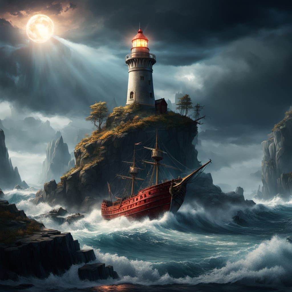 Lighthouse Beam Guides Ghost Ship Through Stormy Seas