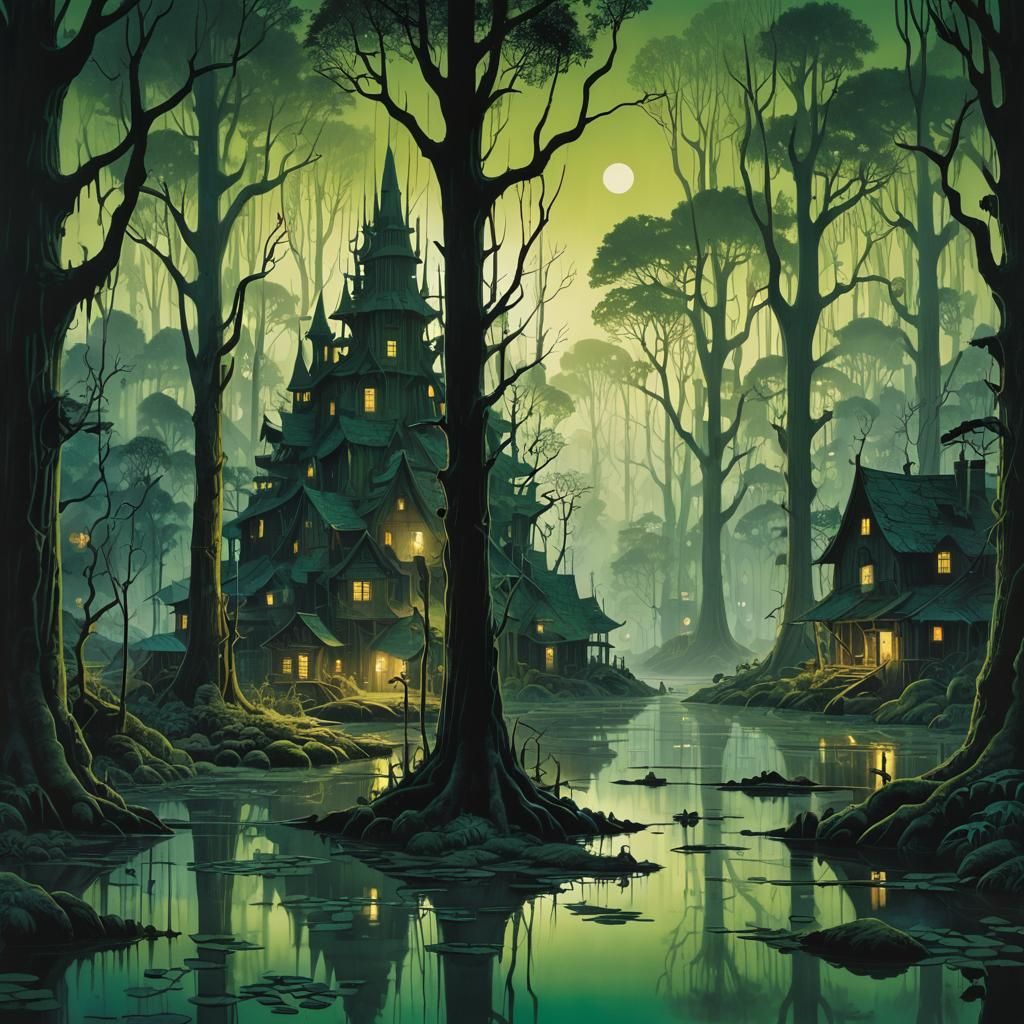 Eerie Swamp Tree Village in Avant-Garde Style