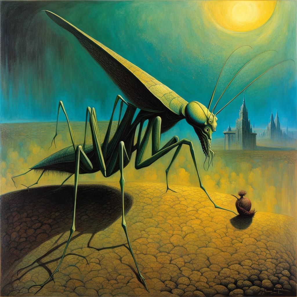 Surreal Praying Mantis in Dark Surrealist Style