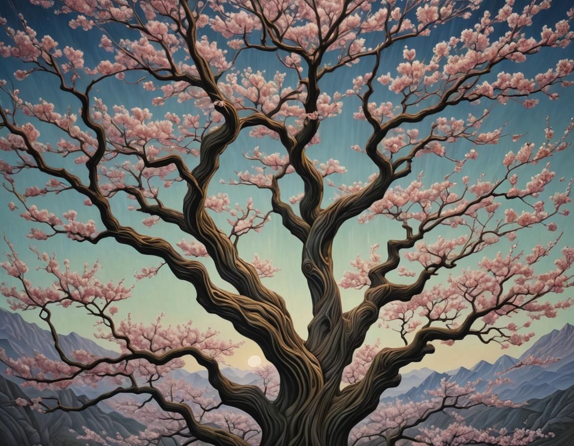 Sakura Tree in Retrofuturist Action Painting Style
