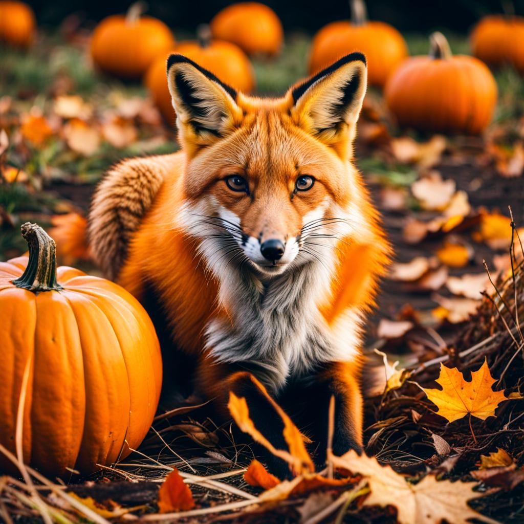 Fox and Pumpkin in Autumn Sunset Light