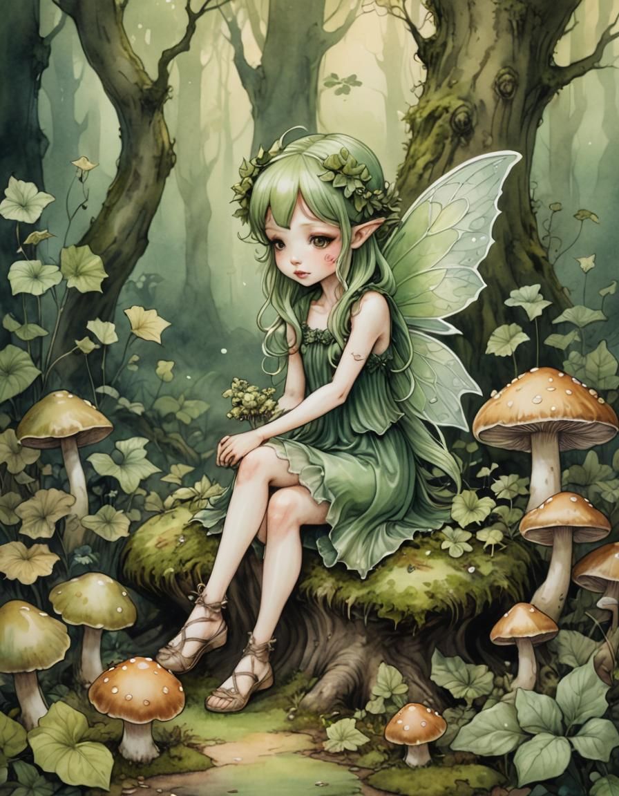 Chibi Ivy Fairy in Watercolour Forest