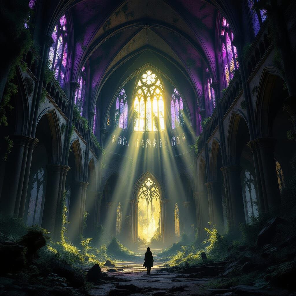 Vast Ruined Cathedral Interior Overgrown by Forest
