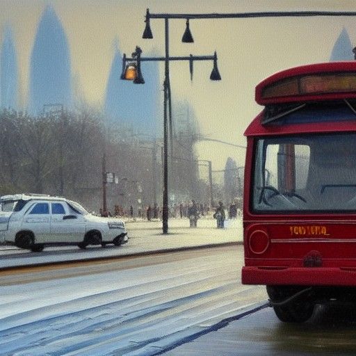 Trolleybus Helps Old Woman: Oil Painting