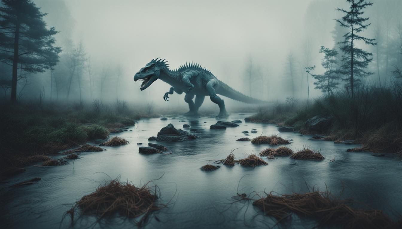 Monstrous Figure in Mist: Cinematic Film Still