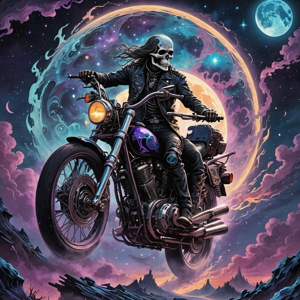 Skeleton Rider Soaring Over Iridescent Moon