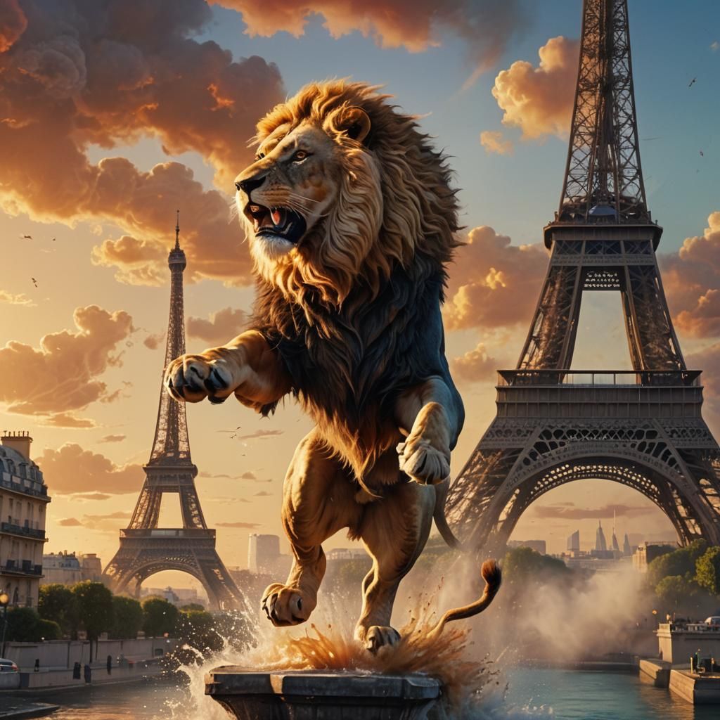 Lion's Sunset Leap from Eiffel Tower