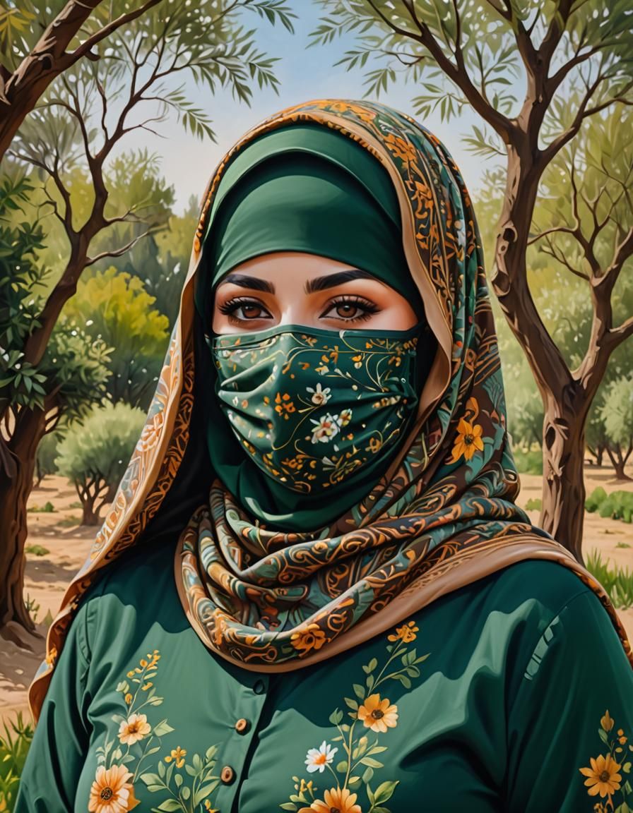 Middle Eastern Woman in Hijab, Oil Gouache Painting