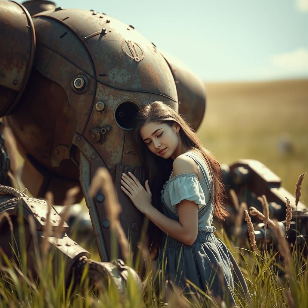 Steampunk Moment of Gentle Affection in a Field