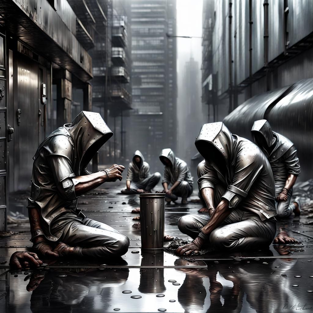 Metallic Dystopia: Urban Scene with Metal Figures