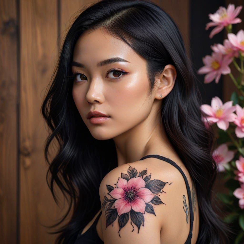 Asian Woman Portrait with Black Ink Tattoo Art