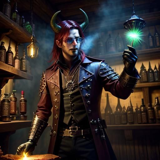 Steampunk Alchemist Demon in a Gothic Herbalist Shop