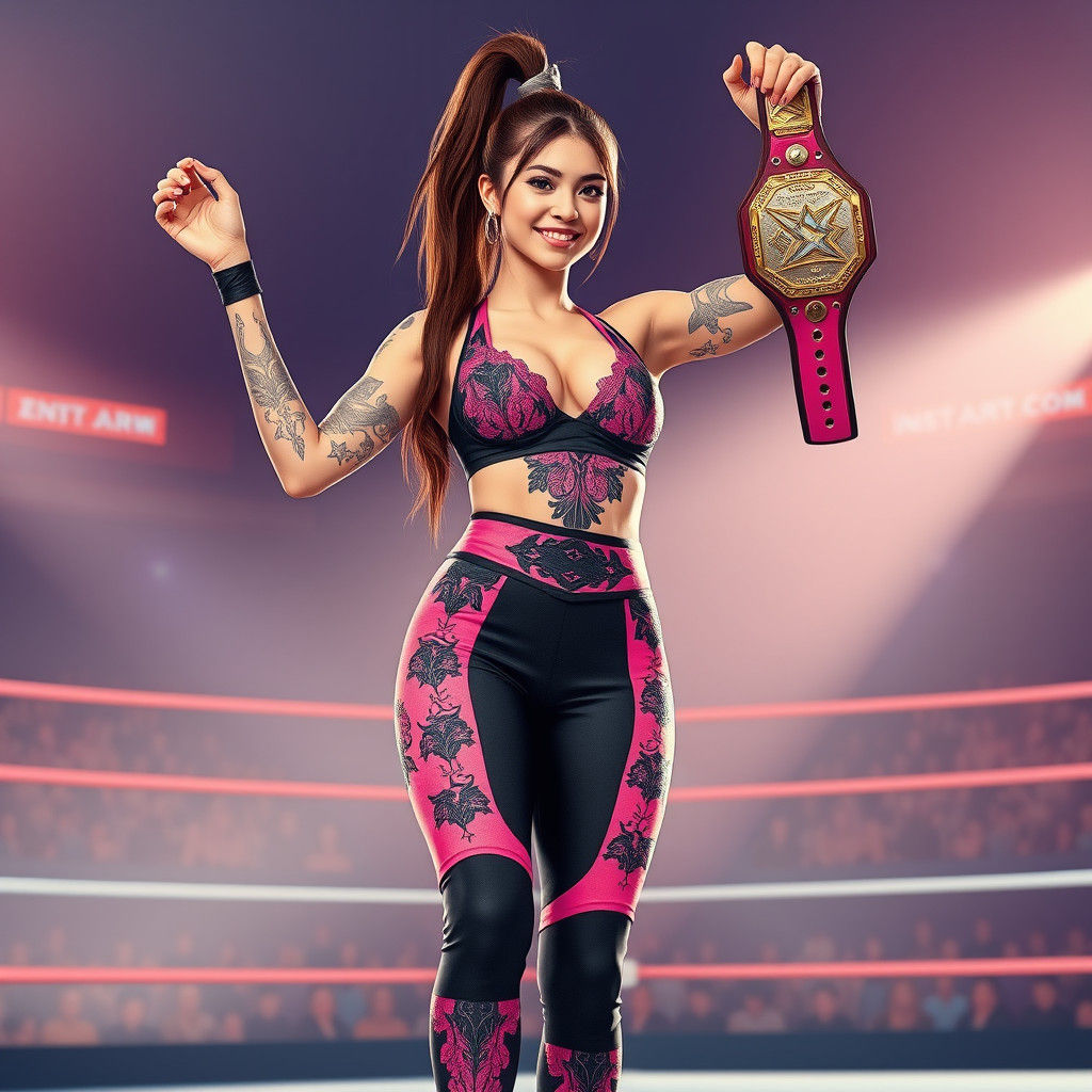 Woman Wrestler Celebrates Victory in Watercolor Manga Style