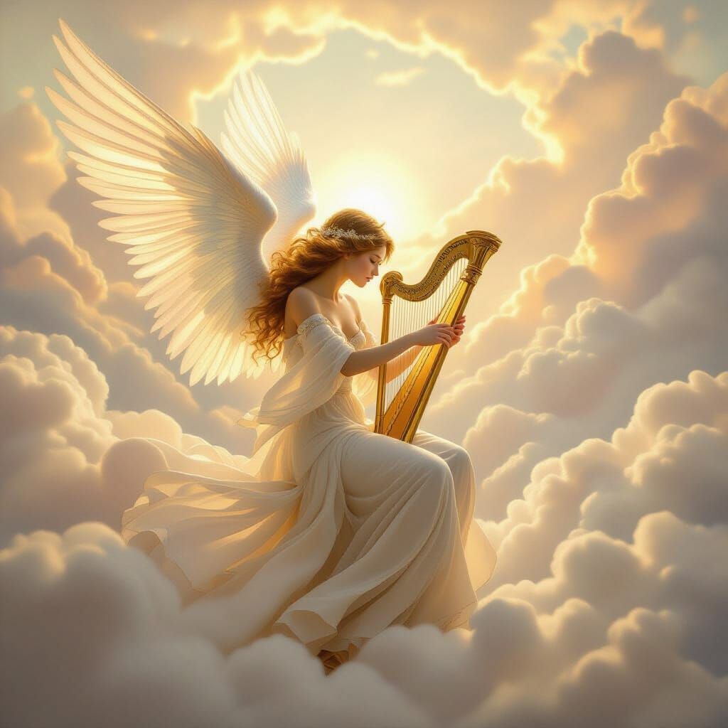 Ethereal Angel Plays Harp in Celestial Realm