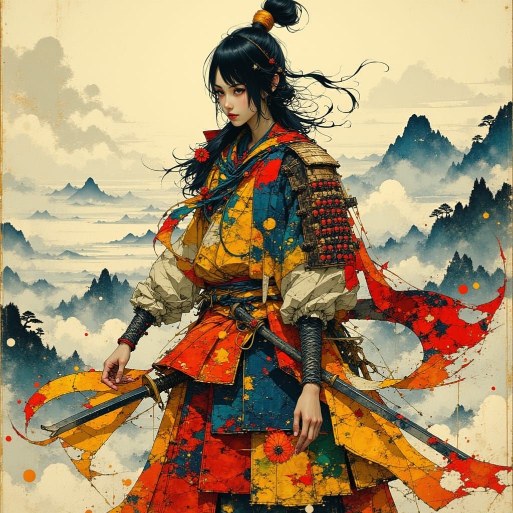Samurai in Traditional Armor in Japanese Landscape