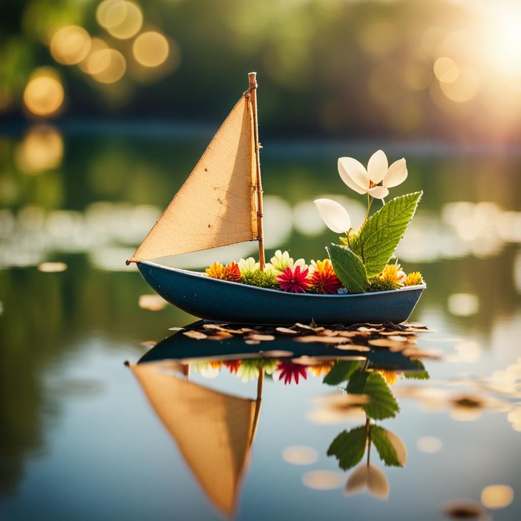 Floral Sailboat Floats on Sunny Pond