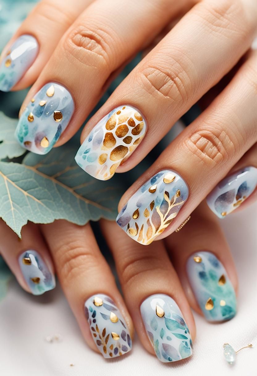 Watercolor Nail Art with Giraffe Pattern